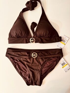 MICHAEL KORS NEW WITH TAGS!
Dark Brown Logo Ring Halter Bikini Set